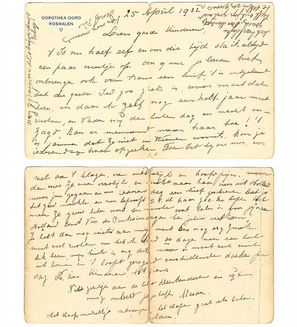 Deze briefkaart zat in een envellop  geplakt achter de foto van zijn vrouw Dorothea Op de envellop heeft Eugène geschreven Onze Lieve Meretje laatste brief geschreven naar de kinderen te weenen. 25 ap...