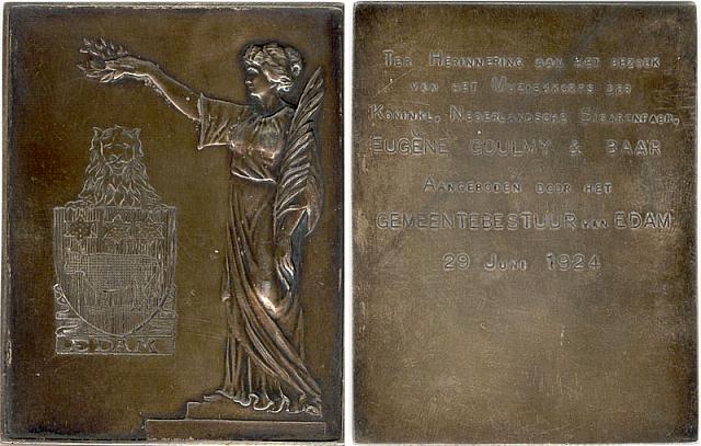 Bronzen herinnerings penning voor de Koninklijke Harmonie Goulmy & Baar,van de Gemeente Edam.