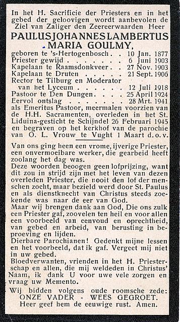 Priester gewijd 6 juni 1903
Kapelaan te Raamsdonkveer 27-11-1903-1906
Kapelaan te Druten 21-09-1906-1918
Rector te Tilburg en Moderator aan het Sint OdulphusLyceum  12-07-1918
Pastoor te Den Dungen 25-04-1924-1941
Emeritaat 28-03-1941Hij schreef e...