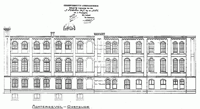 Afb.7.2 Tekening van de in 1907 door de architecten W.G.Welsing en W.te Riele ontw.fabrieksuitbreiding achtergevel oostzijde (tek prive P.G). Op 3 oktober 1907 vroeg de firm...