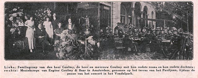 Links: Familiegroep van den heer Goulmy en mevrouw Goulmy met hun oudste zoons en hun oudste dochters;Rechts: Muziekcorps van Eugène Goulmy & Baar te Amsterdam,genomen op het terras Van het Pavi...