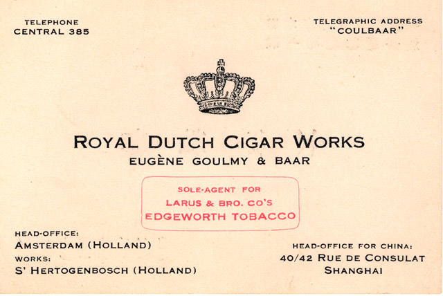 Dit is een visitekaartje wat Johan gebruikte in Shanghai,werkte ook nog voor een andere firma.Larus & Bro.Co'sEdgeworth Tobacco.Wie weet hier meer van.?
