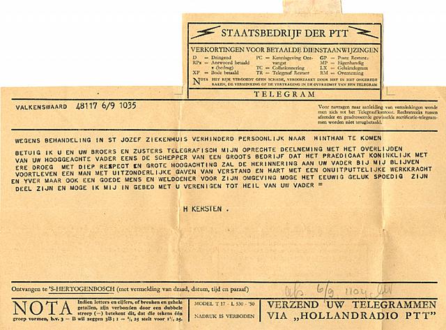 Telegram van Direkteur eigenaar van Willem II sigarenfabrieken te Valkenswaard die het fabriekspand in  `s-Hertogenbosch in 1929 heeft gekocht.